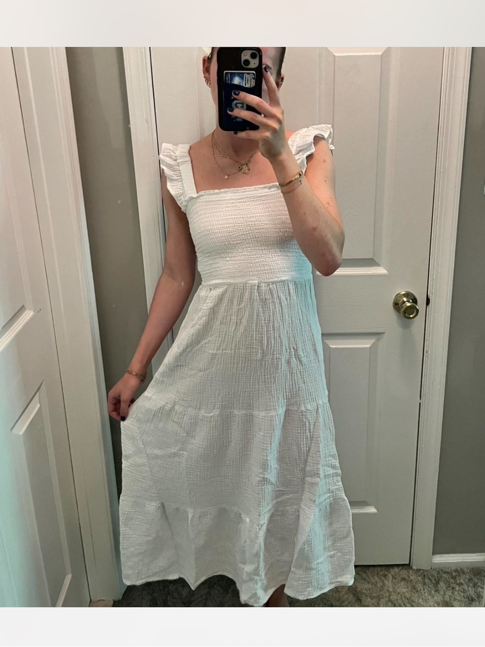 Smocked Ruffle-Strap Maxi Dress in White